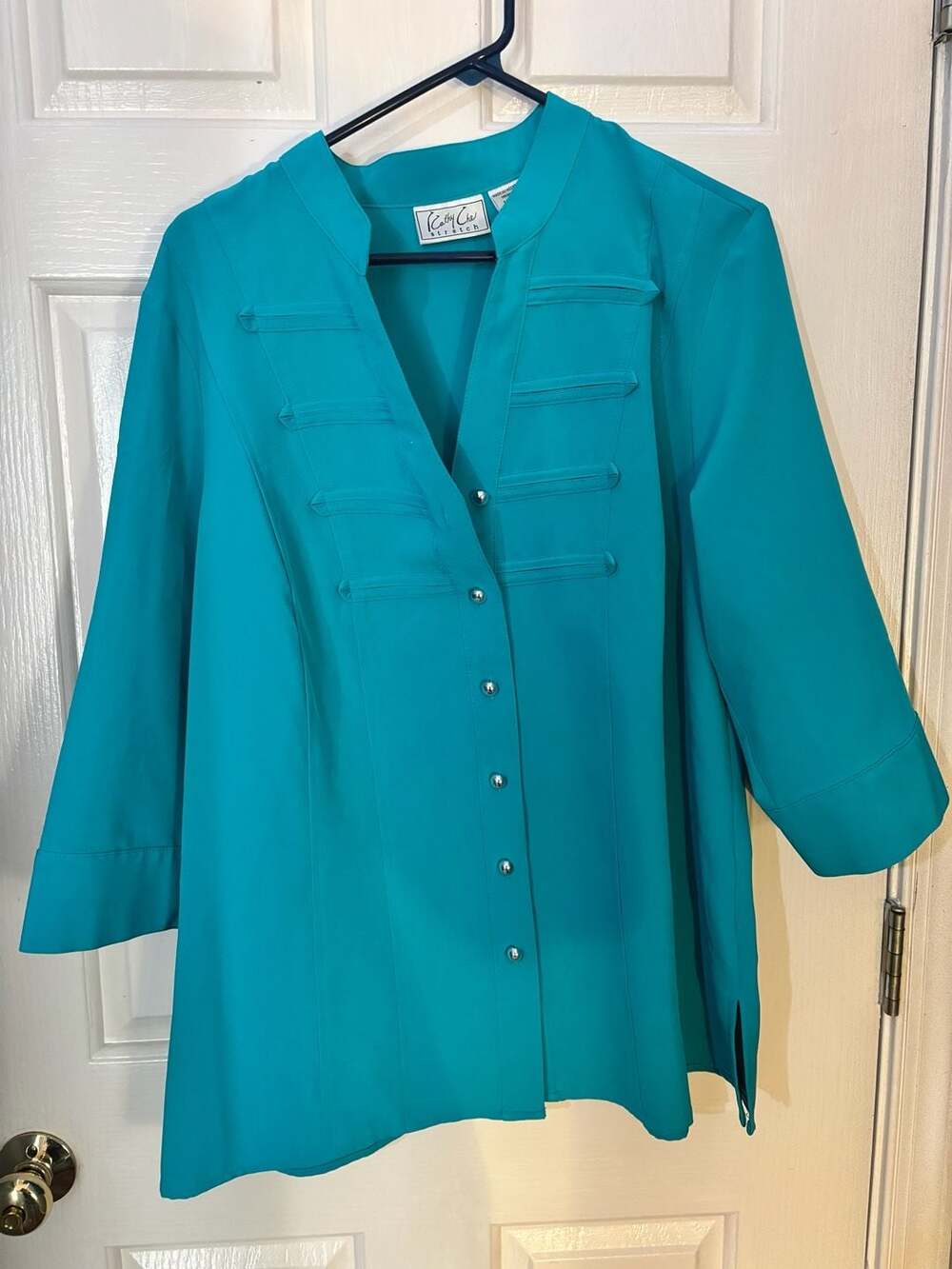 Cathy Che Stretch Teal Button-Down Blouse with Mandarin Collar 14/16